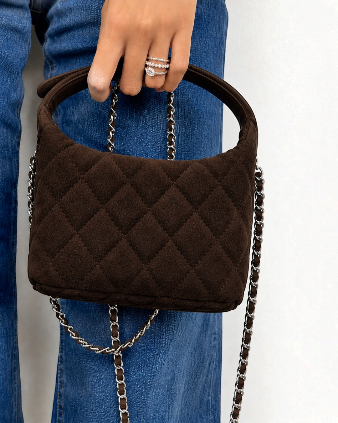 Christy Quilted Mini Suede Handbag Chocolate